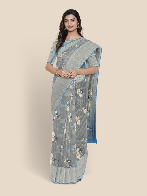 

Kalamandir Grey & Blue Ethnic Motifs Cotton Blend Chanderi Saree