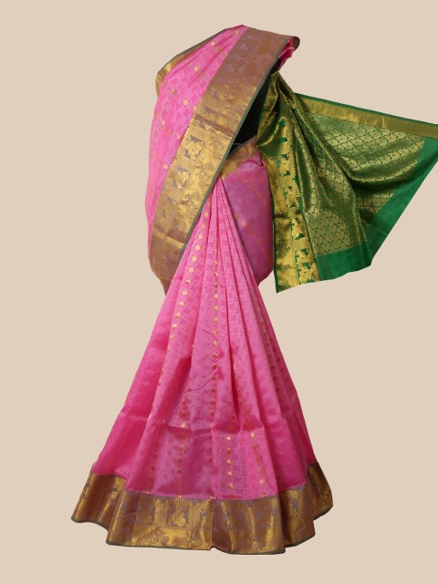 

Pothys Pink & Green Woven Design Zari Pure Silk Kanjeevaram Saree