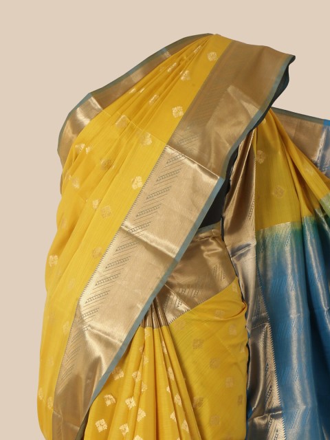 

Pothys Yellow & Blue Woven Design Zari Pure Silk Kanjeevaram Saree