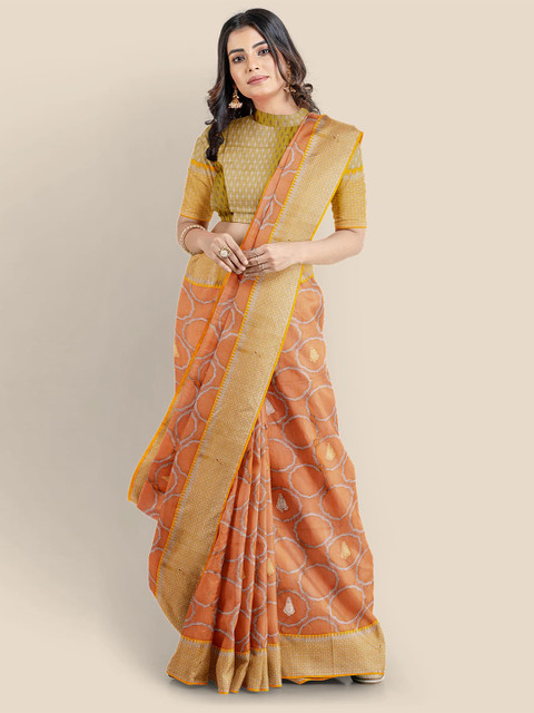 

Kalamandir Coral & Yellow Woven Design Zari Chanderi Saree