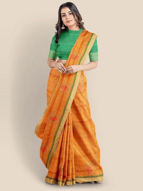 

Kalamandir Orange & Green Checked Linen Blend Saree