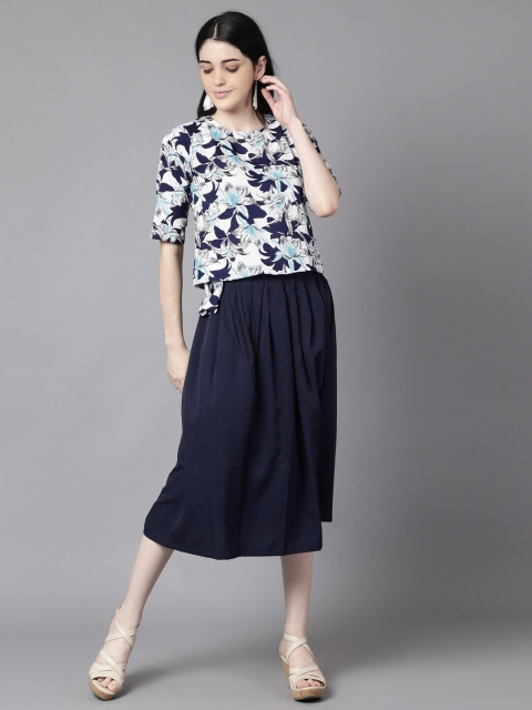

AASI - HOUSE OF NAYO Women Navy Blue & White Floral Printed Top with Skirt