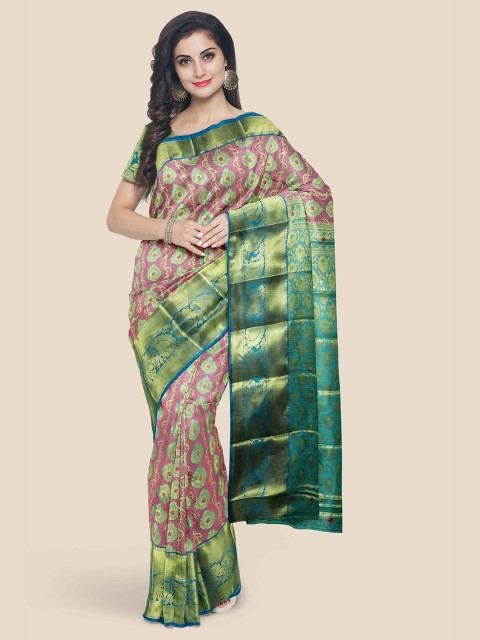 

Kalamandir Pink & Green Woven Design Zari Silk Blend Kanjeevaram Saree