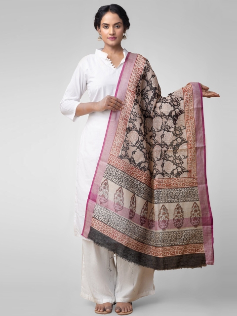 

Unnati Silks Cream & Brown Printed Linen Dupatta with Zari