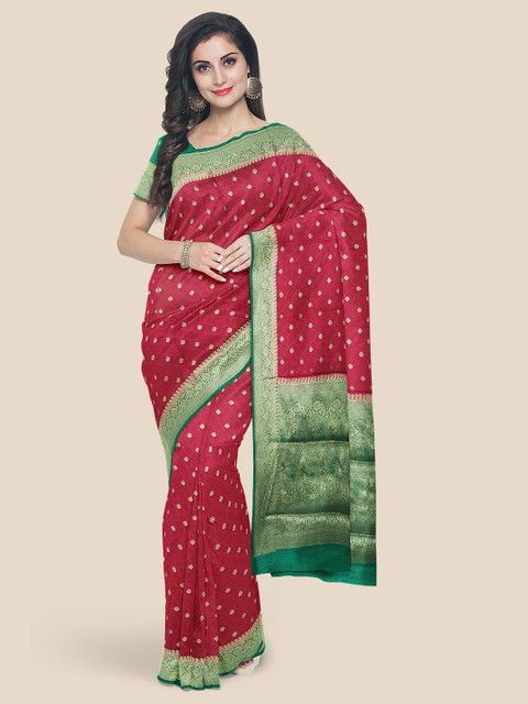 

Kalamandir Maroon & Green Ethnic Motifs Zari Silk Blend Banarasi Saree