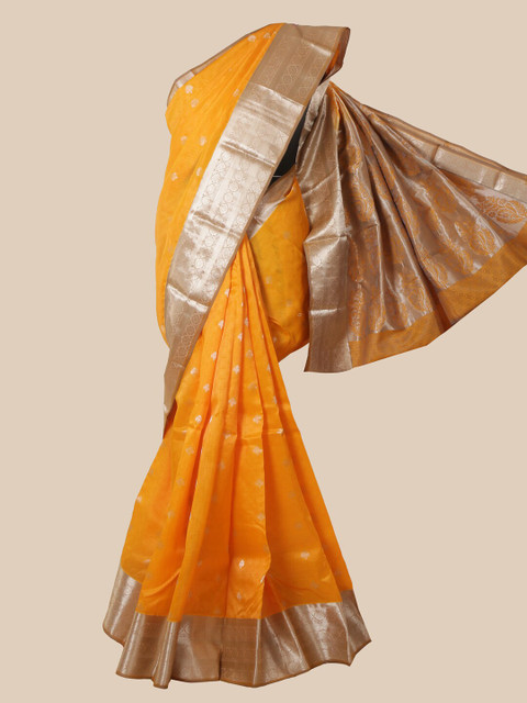 

Pothys Orange & Silver-Toned Woven Design Zari Pure Silk Kanjeevaram Saree