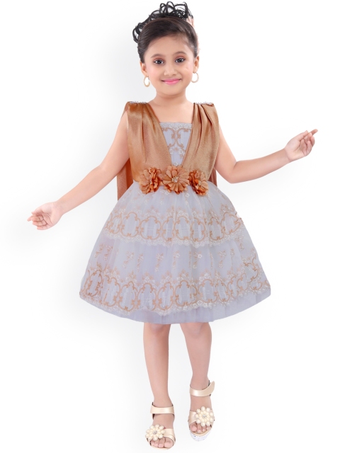 Wish Karo Girls Brown & Grey Floral Embroidered Net Dress