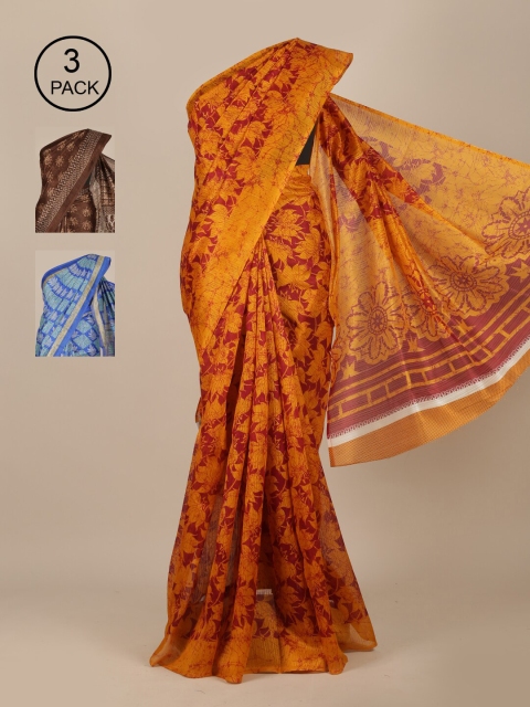 

Pothys Pack Of 3 Maroon & Brown Floral Jute Silk Sarees