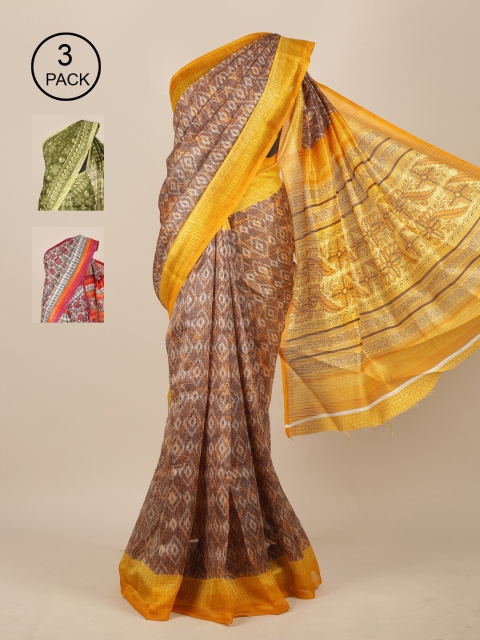 

Pothys Pack Of 3 Floral Jute Silk Sarees, Brown