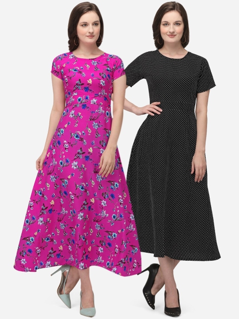 

SAADHVI Set of 2 Magenta & Black Floral Crepe A-Line Maxi Dress