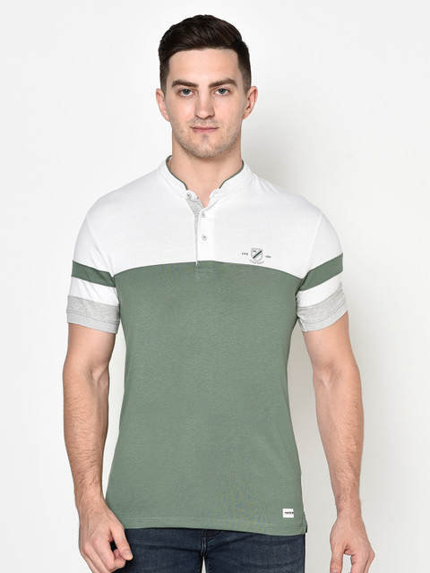 

Octave Men Green & White Colourblocked High Neck T-shirt