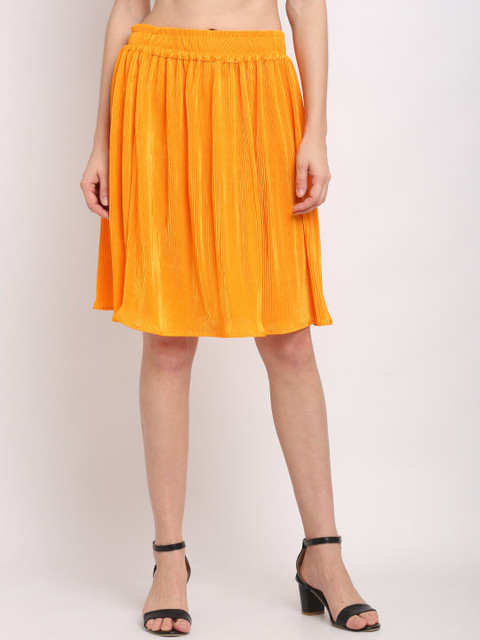 

NEUDIS Women Yellow Solid Accordion-Pleated Midi Flared Knee-Length Skirt