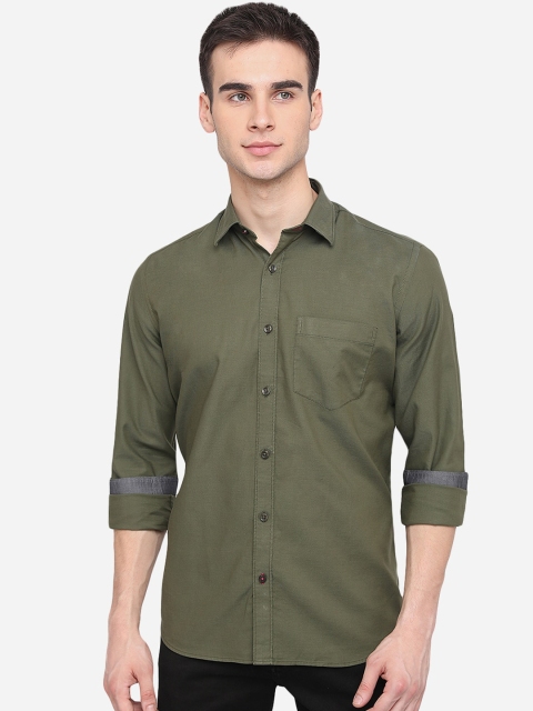 

JADE BLUE Plus Size Men Green Slim Fit Cotton Casual Shirt