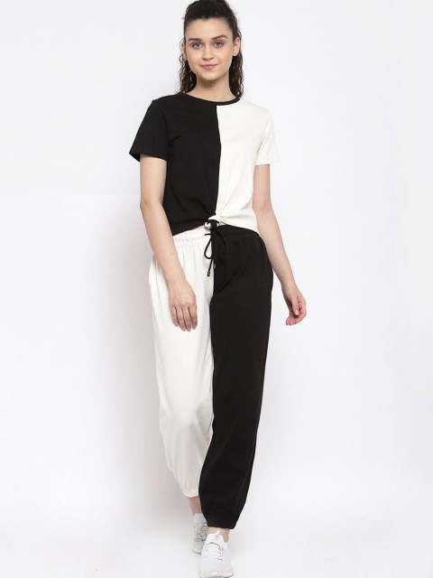 

iki chic Women Black & White Colourblocked Cotton T-shirt with Joggers
