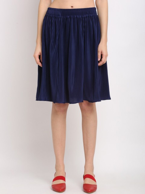 

NEUDIS Women Navy Blue Solid Accordian Pleat Knee-Length Flared Skirt