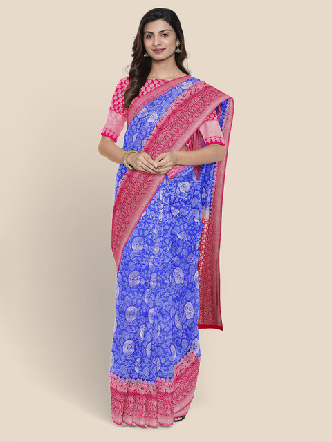 

Kalamandir Blue & Pink Ethnic Motifs Zari Silk Blend Banarasi Saree