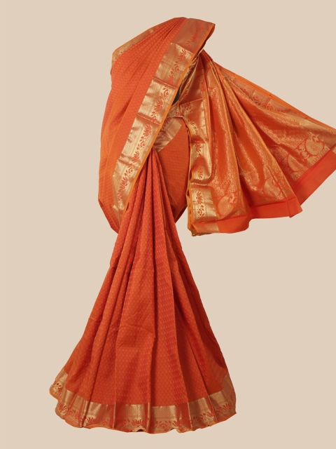 

Pothys Orange & Gold-Toned Woven Design Zari Pure Silk Kanjeevaram Saree