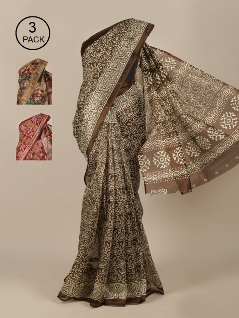 

Pothys Pack of 3 Floral Jute Silk Saree, Brown