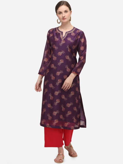 

Seerat Women Purple & Red Floral Printed Chanderi Silk Kurta with Palazzos