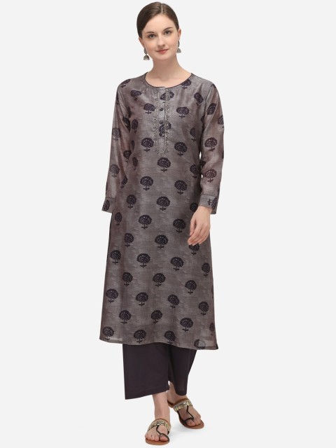 

Seerat Women Grey Printed Chanderi Silk Kurta with Trousers