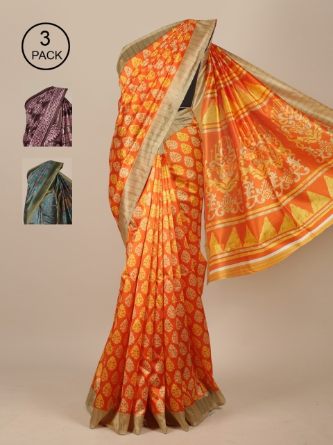 Pothys Pack Of 3 Orange & Brown Ethnic Motifs Jute Silk Saree