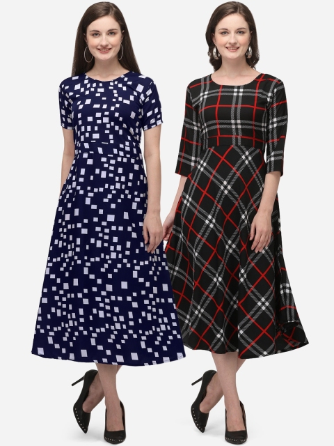 

SAADHVI Pack of 2 Multicoloured Crepe A-Line Midi Dresses, Multi