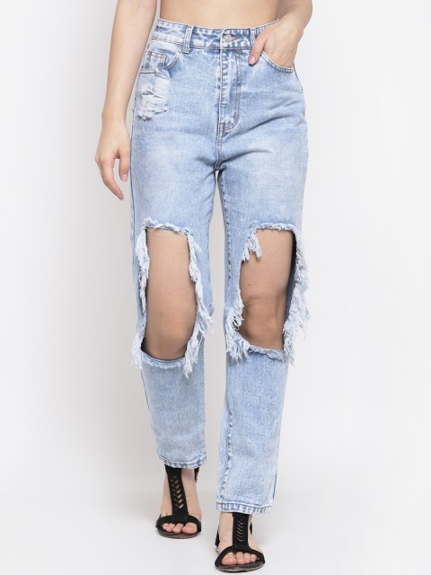 

iki chic Women Blue Straight Fit Highly Distressed Heavy Fade Stretchable Jeans