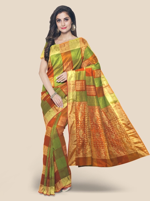 

Kalamandir Orange & Gold-Toned Checked Saree