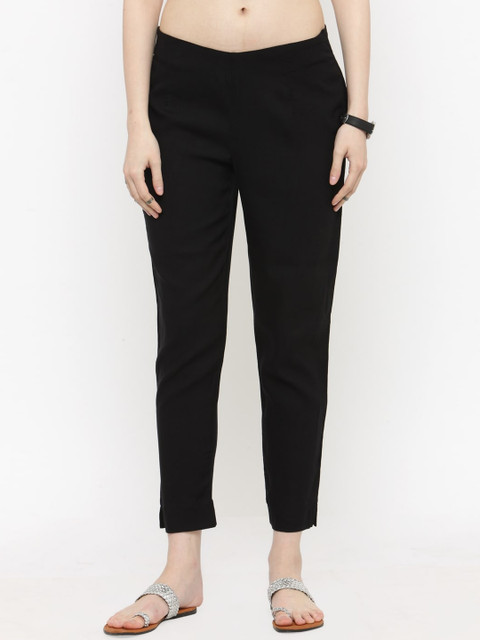 

KSUT Women Black Straight Fit Pleated Regular Trousers