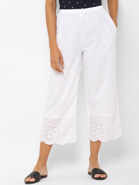 

Allen Solly Woman Women White Floral Embroidered Loose Fit Culottes Trousers