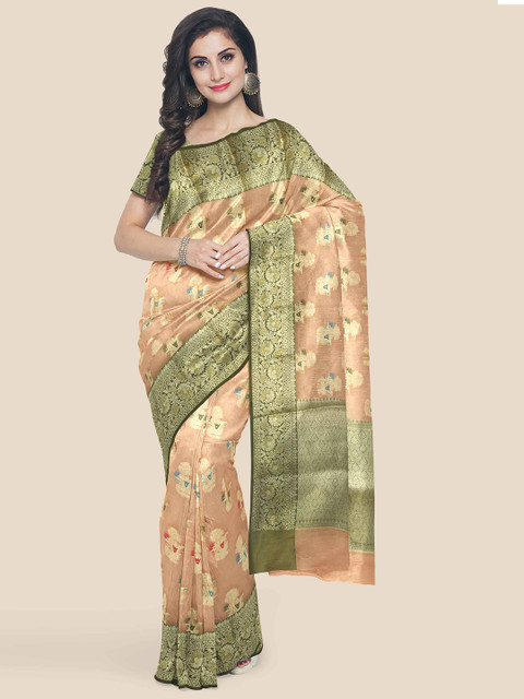 

Kalamandir Peach & Green Ethnic Motifs Zari Silk Blend Banarasi Saree