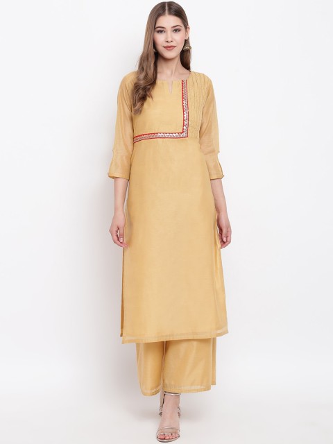 

Shakumbhari Women Beige Embroidered Chanderi Silk Kurta with Palazzos