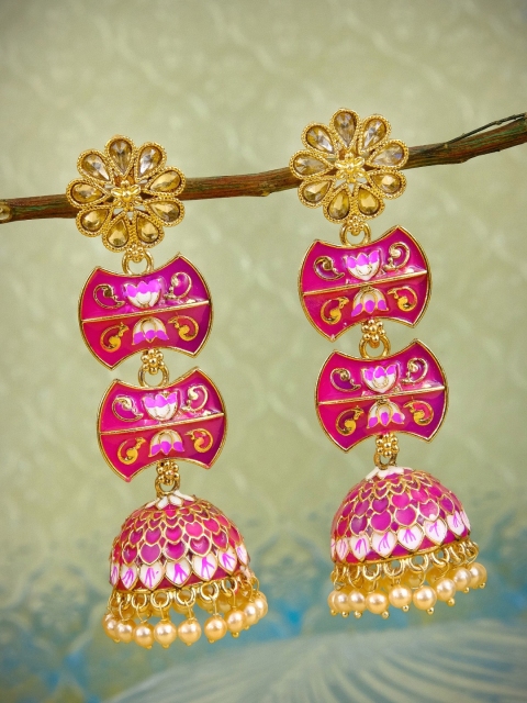 

Crunchy Fashion Gold-Plated & Pink Contemporary Jhumkas Earrings