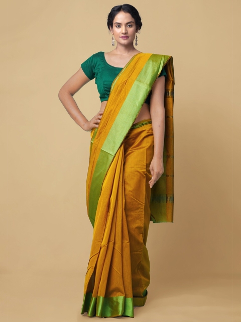 

Unnati Silks Mustard Yellow & Green Silk Cotton Uppada Saree