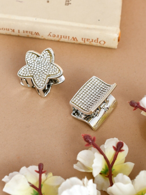 

Silvermerc Designs Women Set of 2 Silver & White Embellished Claw Clip