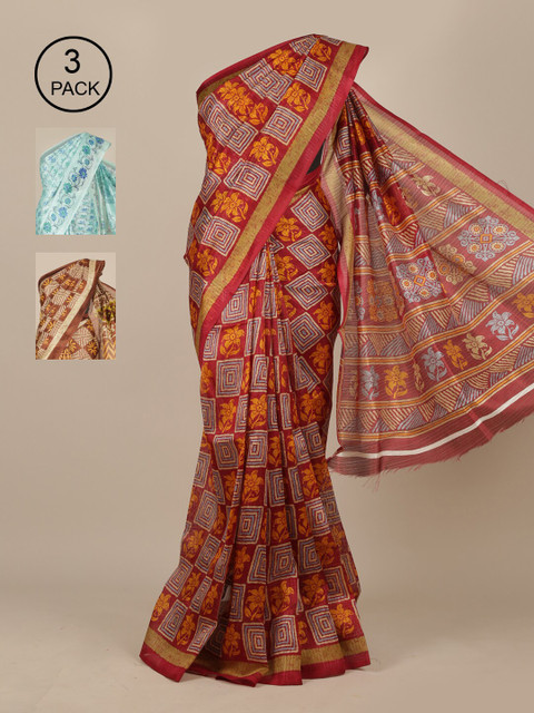 

Pothys Pack of 3 Floral Printed Jute Silk Saree, Maroon