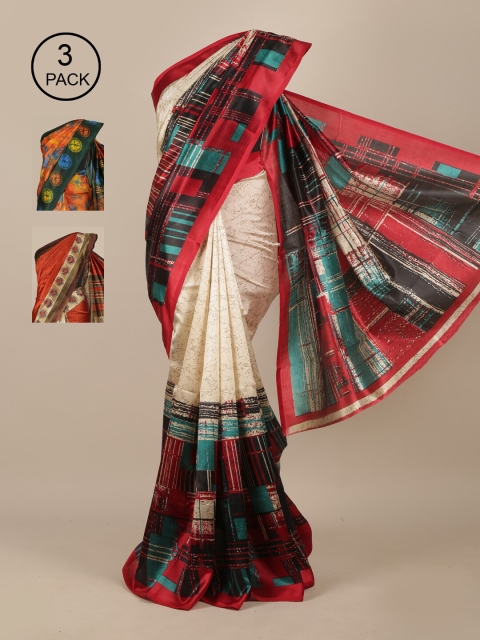

Pothys Pack of 3 Ethnic Motifs Jute Silk Sarees, Cream