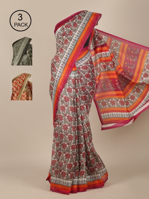 

Pothys Pack Of 3 White & Orange Floral Jute Silk Saree