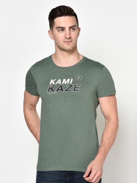 

Octave Men Olive Typography Printed Raw Edge T-shirt
