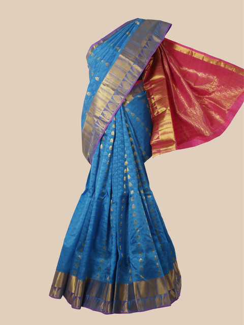 

Pothys Blue & Pink Ethnic Motifs Zari Pure Silk Kanjeevaram Saree