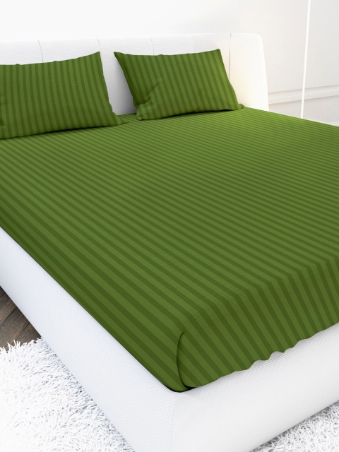 

MAYFAIR HOMES LONDON Green Striped 210 TC Queen Bedsheet with 2 Pillow Covers