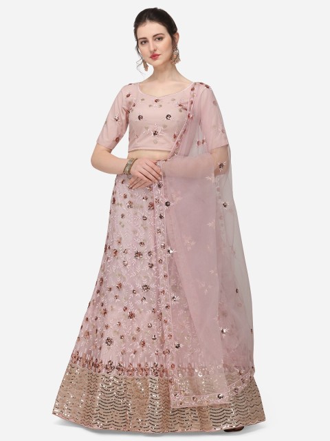 

JATRIQQ Pink & Gold-Toned Embroidered Semi-Stitched Lehenga Unstitched Chole & Dupatta