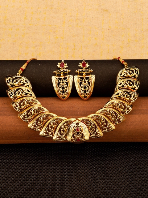 Studio Voylla Gold-Plated Red Gem-Stones-Studded Jewellery Set