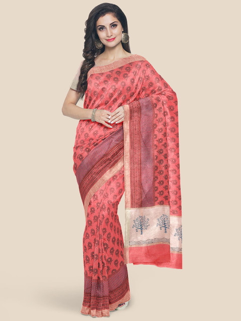 

Kalamandir Red & Coral Woven Design Linen Blend Saree