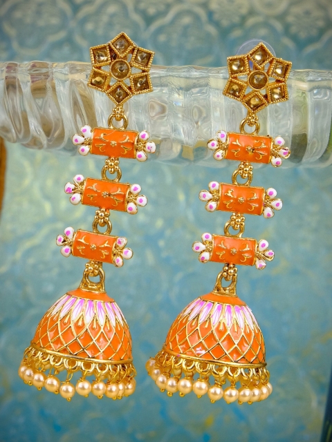 

Crunchy Fashion Gold & Orange Dome Shaped Jhumkas Earrings