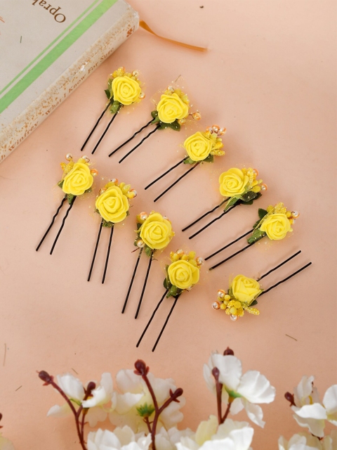 

Silvermerc Designs Set of 10 Women Yellow & Green Flower Embellished Beaded U Pins