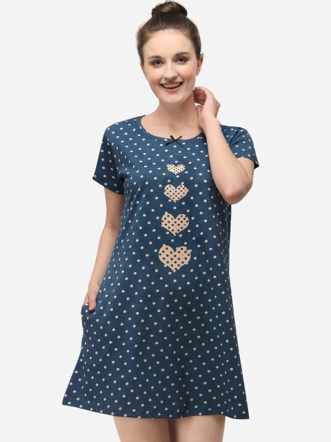 

Lenissa Women Blue & Beige Printed Cotton Knee-Length Sleep Shirt, Navy blue