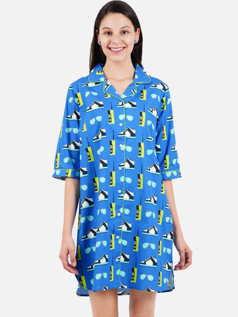 

Smugglerz Women Blue & White Sneakers & Sunglasses Printed Comfort-Fit Pure Cotton Sleep Shirt