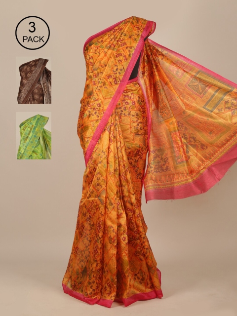 

Pothys Pack Of 3 Floral Jute Silk Sarees, Orange