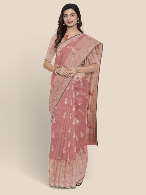 

Kalamandir Peach & White Ethnic Motifs Zari Chanderi Saree